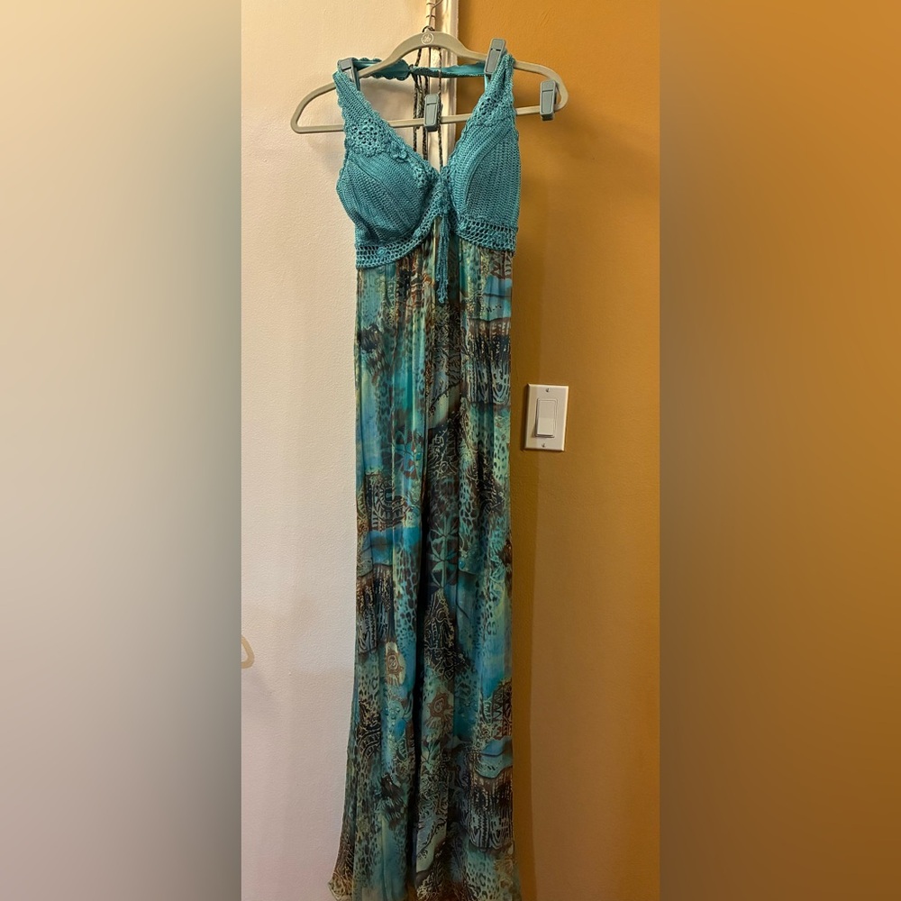 Sue Wong Blue and Green Halter Sundress